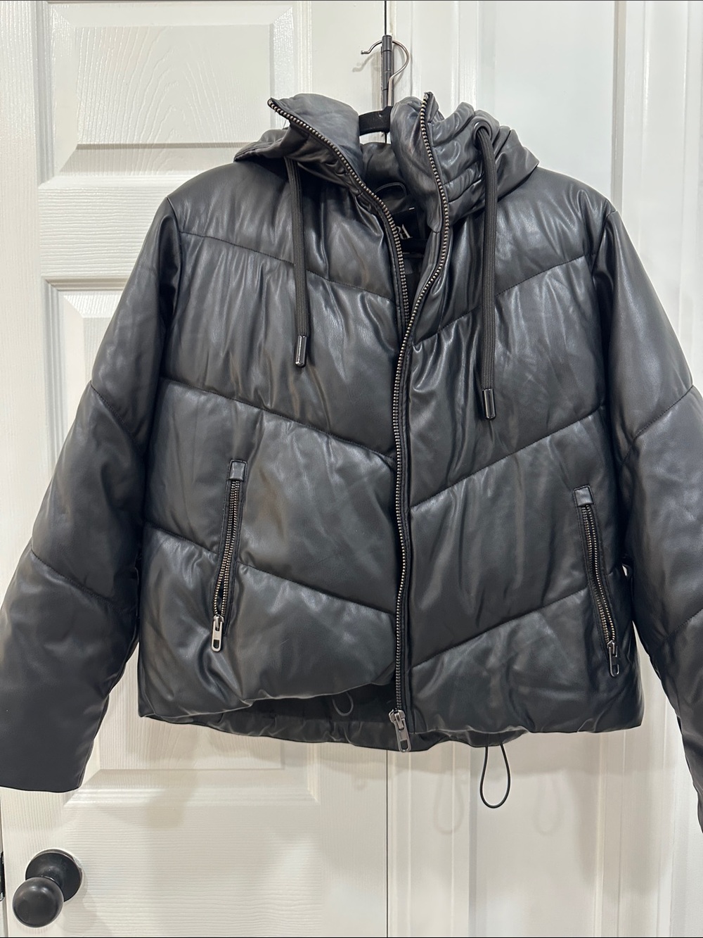 Zara Black Quilted Faux Leather Puffer Jacket with Hood